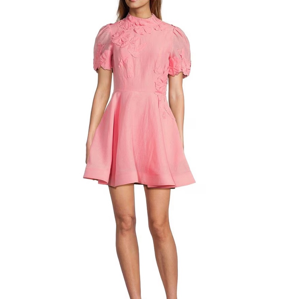 ANTONIO MELANI Iris Linen Floral Mockneck Short Sleeve Dress